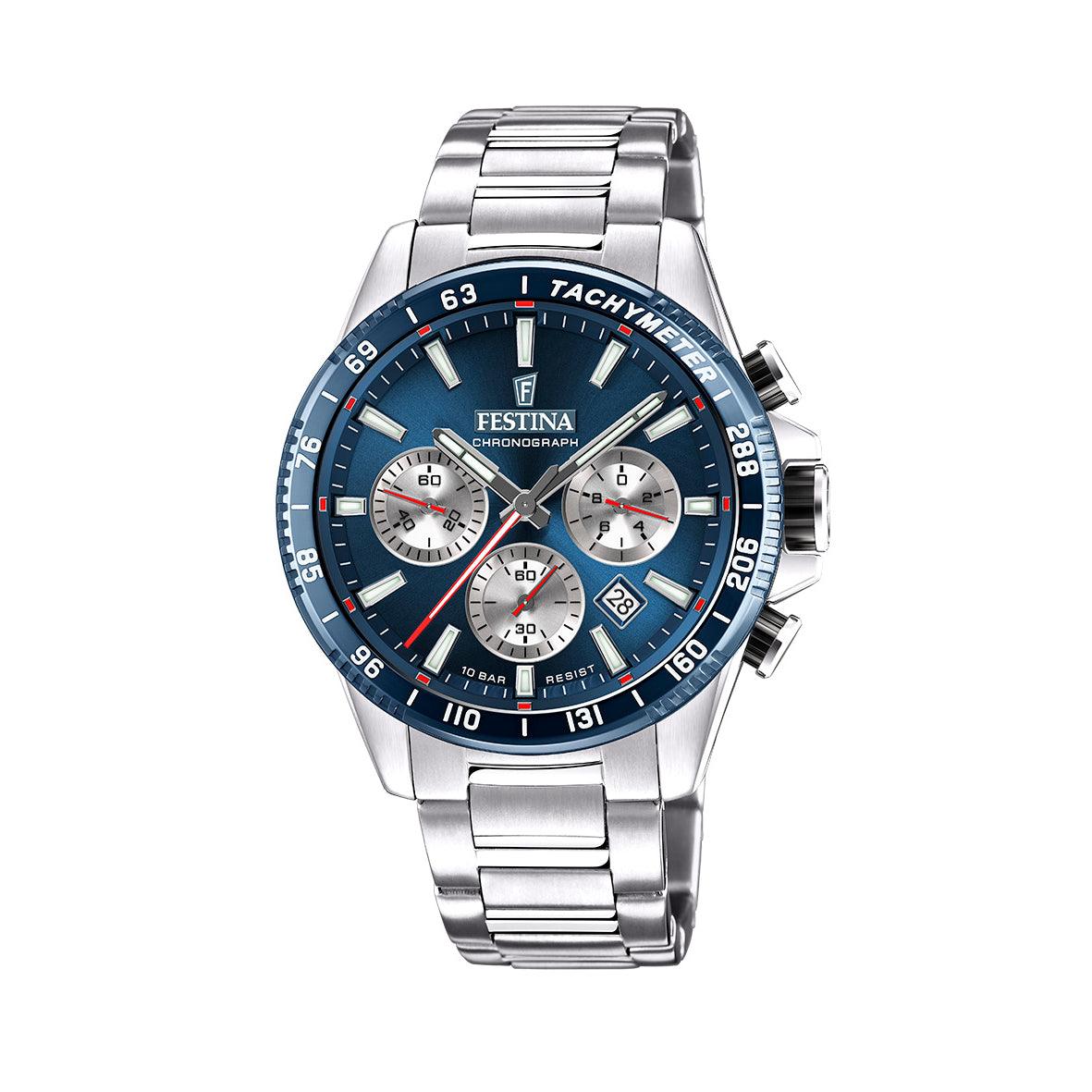 Festina Chrono Sport Men's watch with blue dial, silver-colored steel chain and three subdials. Model 205602-205602-1.