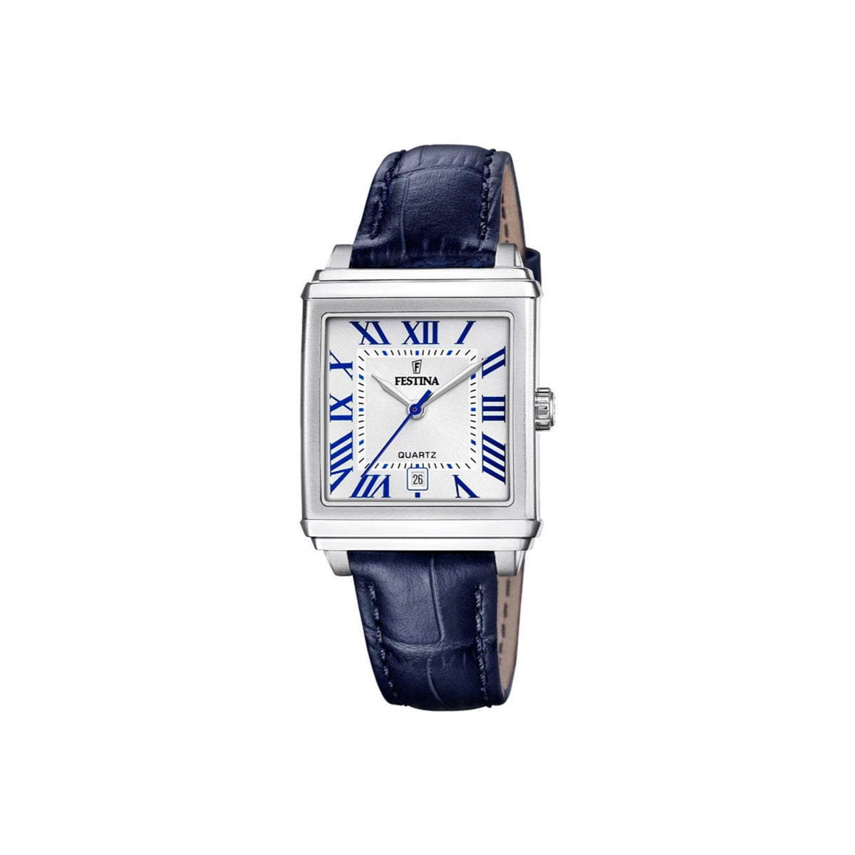 Festina women's watch f206822 with rectangular silver-colored dial, blue Roman numerals and dark blue leather strap. Model f206822