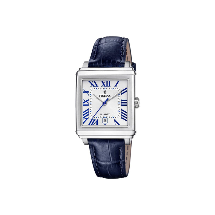 Festina women's watch f206822 with rectangular silver-colored dial, blue Roman numerals and dark blue leather strap. Model f206822