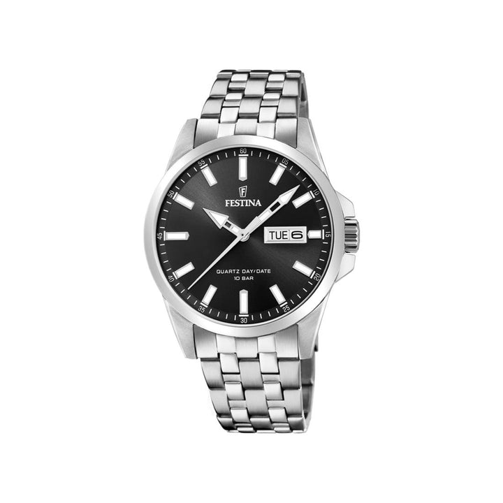 Festina men's watch 203574 with black dial, day and date display and classic steel chain. Model 203574-1