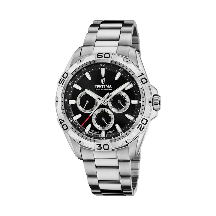 Festina men's watch with black dial, chronograph details and steel chain. Model 206234-206234-1.