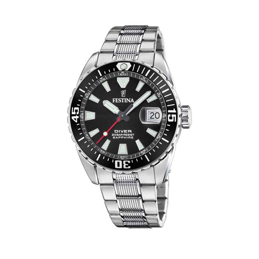 Festina Men's watch Diver 206693, steel wristwatch with black dial, date and rotating bezel. Model F206693.