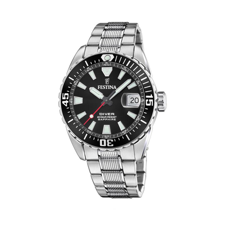 Festina Men's watch Diver 206693, steel wristwatch with black dial, date and rotating bezel. Model F206693.