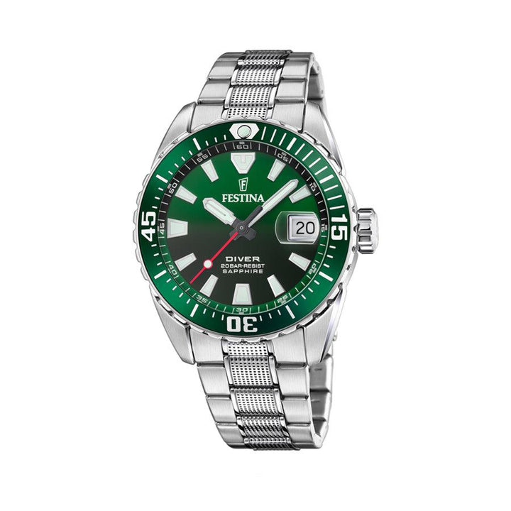 Festina men's watch Diver F20669/2 shows a watch with green dial, silver-colored steel link and date. Model F20669/2.