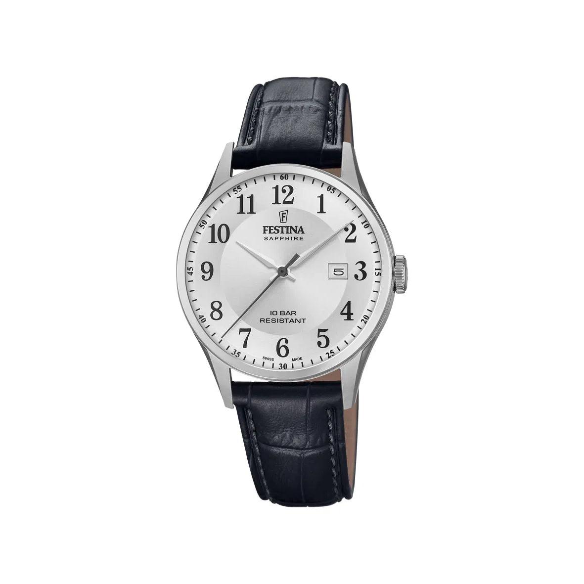 Festina-men's watch Swiss Made F200071 with silver dial and black leather strap, Model 200071-1.