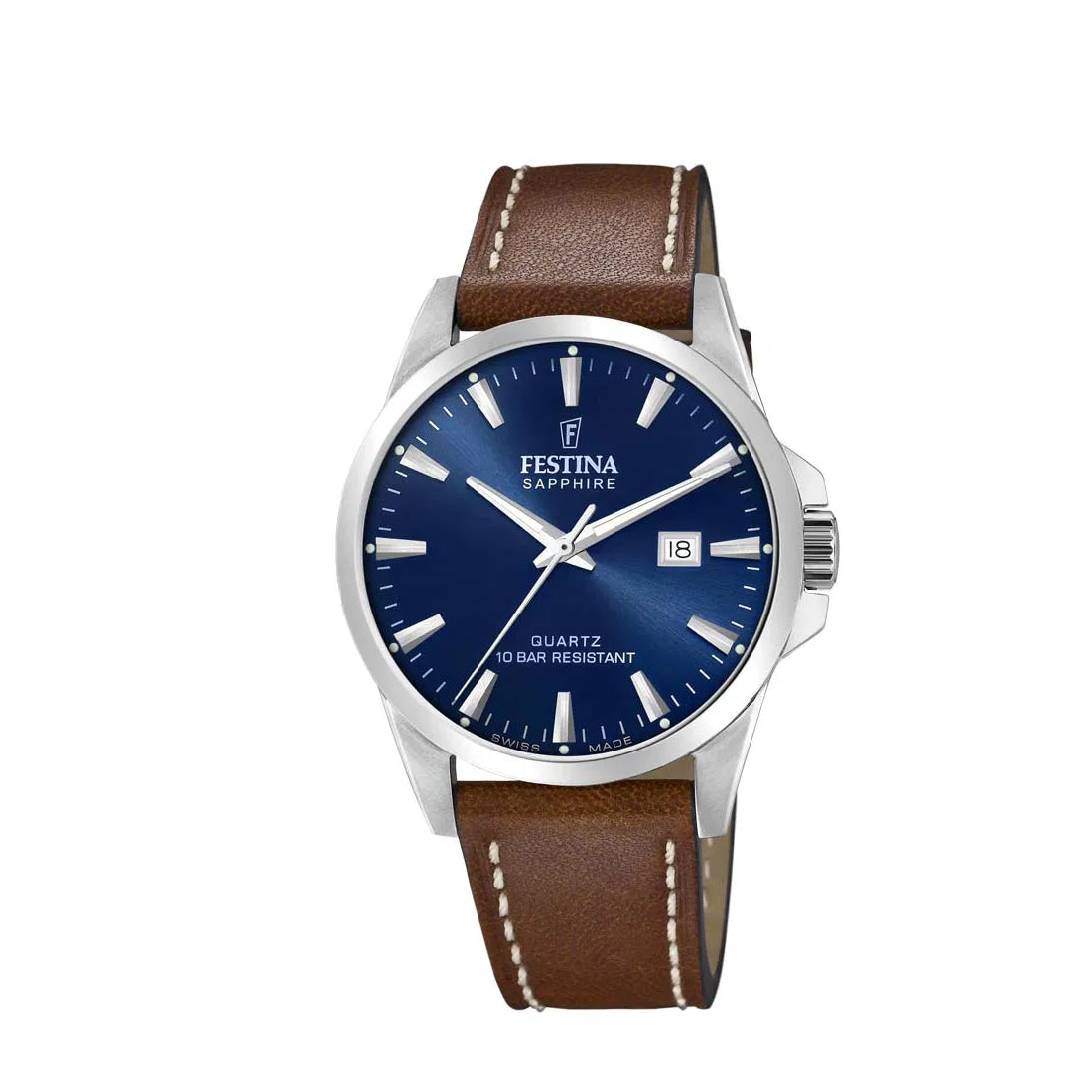 Festina Men's watch Swiss Made F200253 with blue dial, steel case and brown leather strap. Model F200253-1
