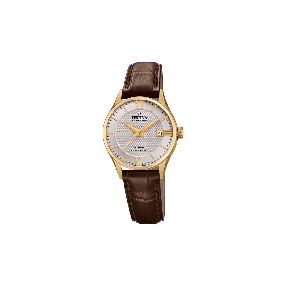 Festina Swiss Made women's watch with golden case, brown leather strap and silver dial. Model 200112-200112-1.
