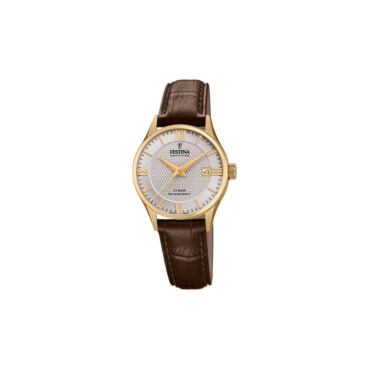 Festina Swiss Made women's watch with golden case, brown leather strap and silver dial. Model 200112-200112-1.