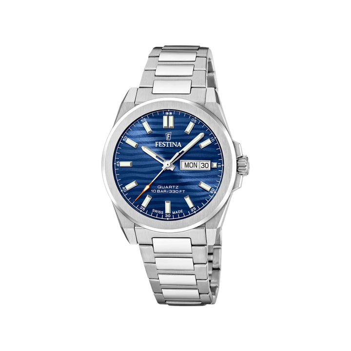 Festina Swiss Made Dune F200733 wristwatch with silver chain and blue dial, Model F200733-1.