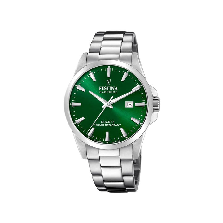 Festina Swiss Made Men's watch with green dial and steel strap, analogue display and date field. Model 200246-200246-1