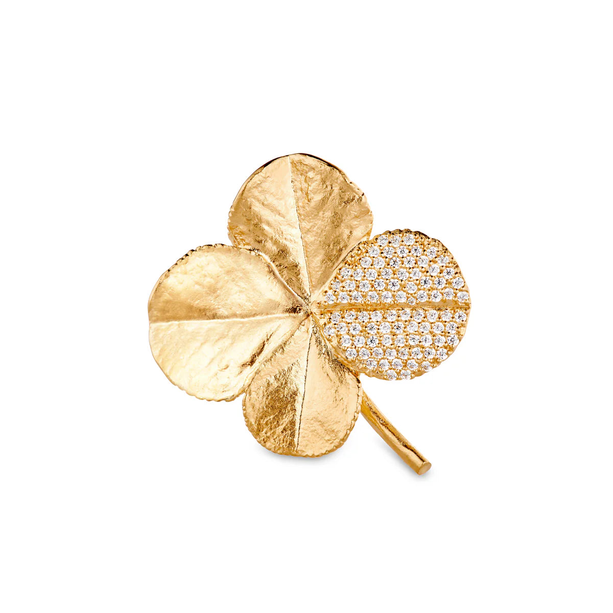Flora Danica Four-leaf clover brooch with pavé Gilt, detail image of golden four-leaf clover brooch with one leaf covered with small clear stones. Model907-FLC-BRO-G-PAVE.