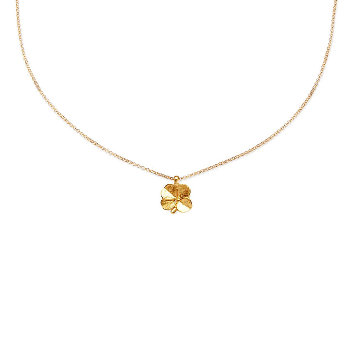 Flora Danica Clover Necklace Silver Gilt shown on white background with detailed gold colored clover pendant. Model 907-flc-ne-g-2