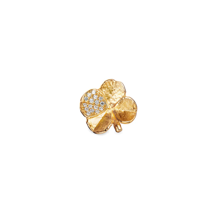 Flora Danica Clover Pin Pave Gilt shows a gold-plated clover brooch with clear stones, Model 907-flc-pi-g-pave-1.