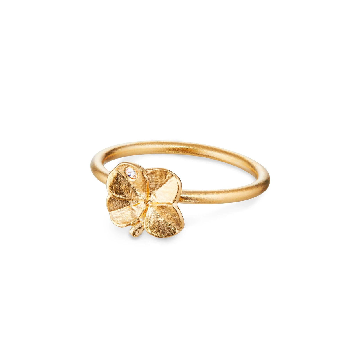 Flora Danica four-leaf clover ring silver-gilt with matte gold surface and small clear stone, Model 907-flc-ri-g-001-1