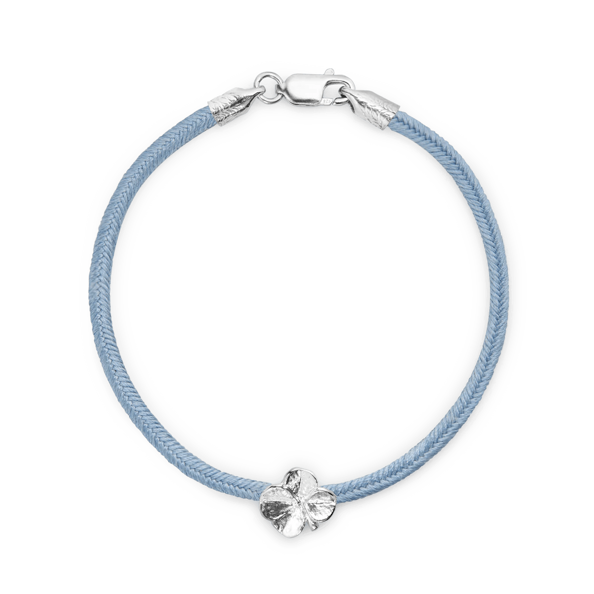 Flora Danica Four-leaf clover silk bracelet with blue silk cord and silver four-leaf clover detail, Model 907-FLC-SILK-BLUE-S-001-1.