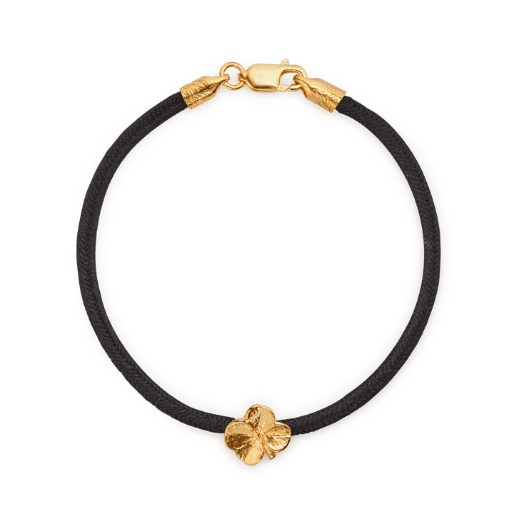 Flora Danica four-leaf clover silk bracelet black with gilded clover detail and closure, Model 907-flc-silk-black-g-001-1.