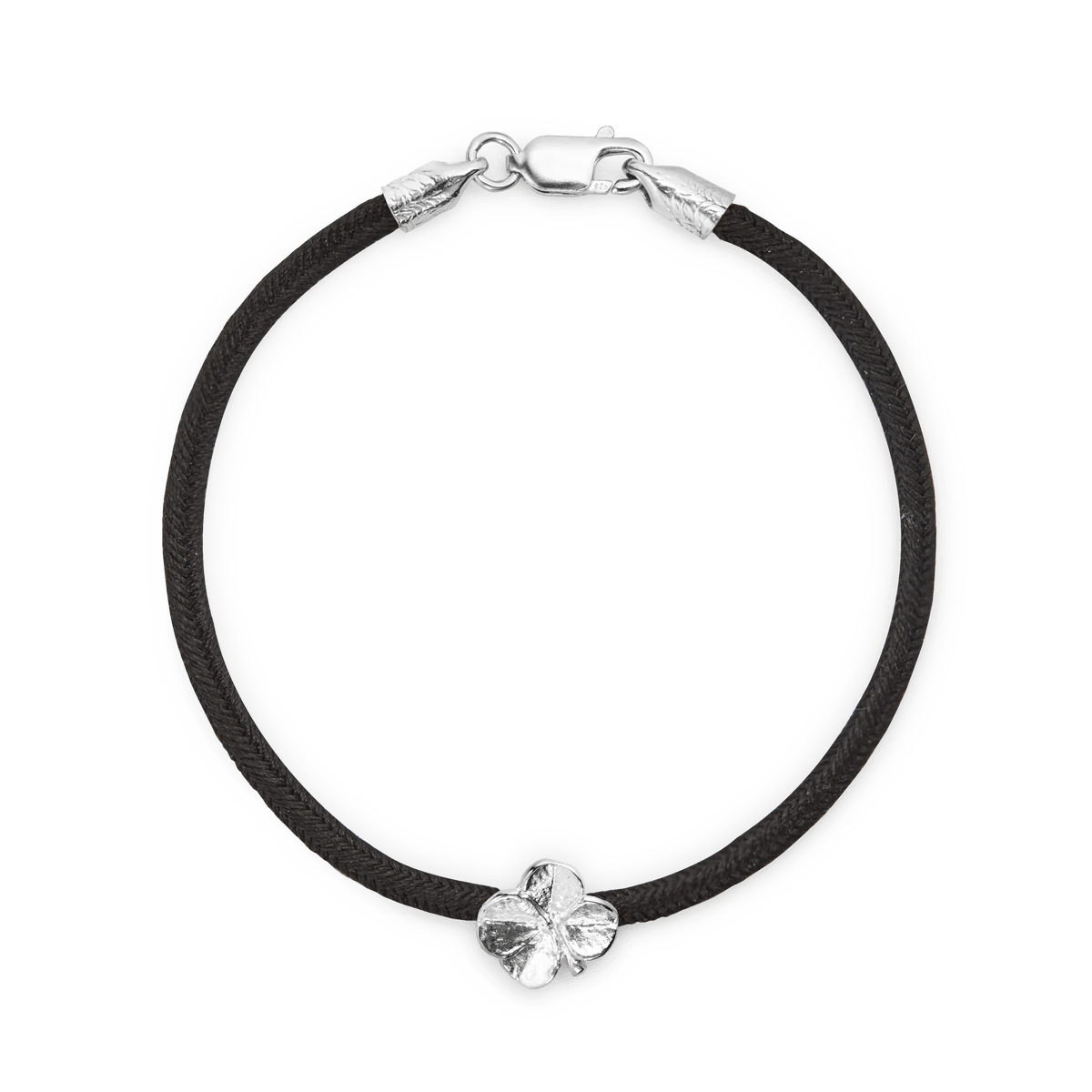 Flora Danica Four-leaf clover Silk Bracelet Black Silver with black silk cord and silver four-leaf clover detail. Model 907-flc-silk-black-s-001-1