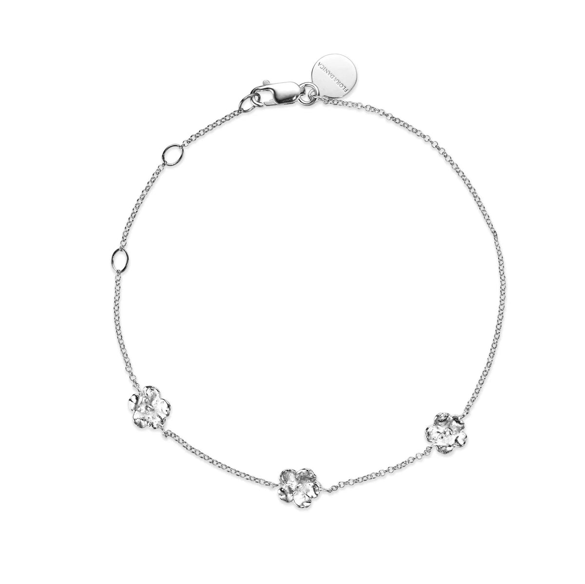 Flora Danica Forget-me-not Bracelet silver with three flowers on fine chain, Model 907-fmn-br-s-1.