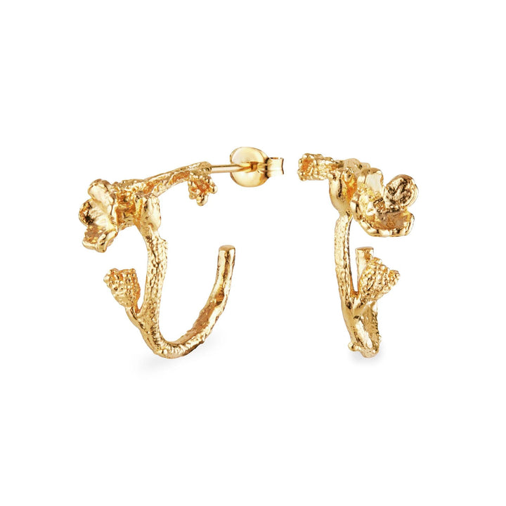 Flora Danica Forget-me-not Hoop silver gold-plated earrings with floral details in organic shapes, Model 907-fmn-hopc-g.