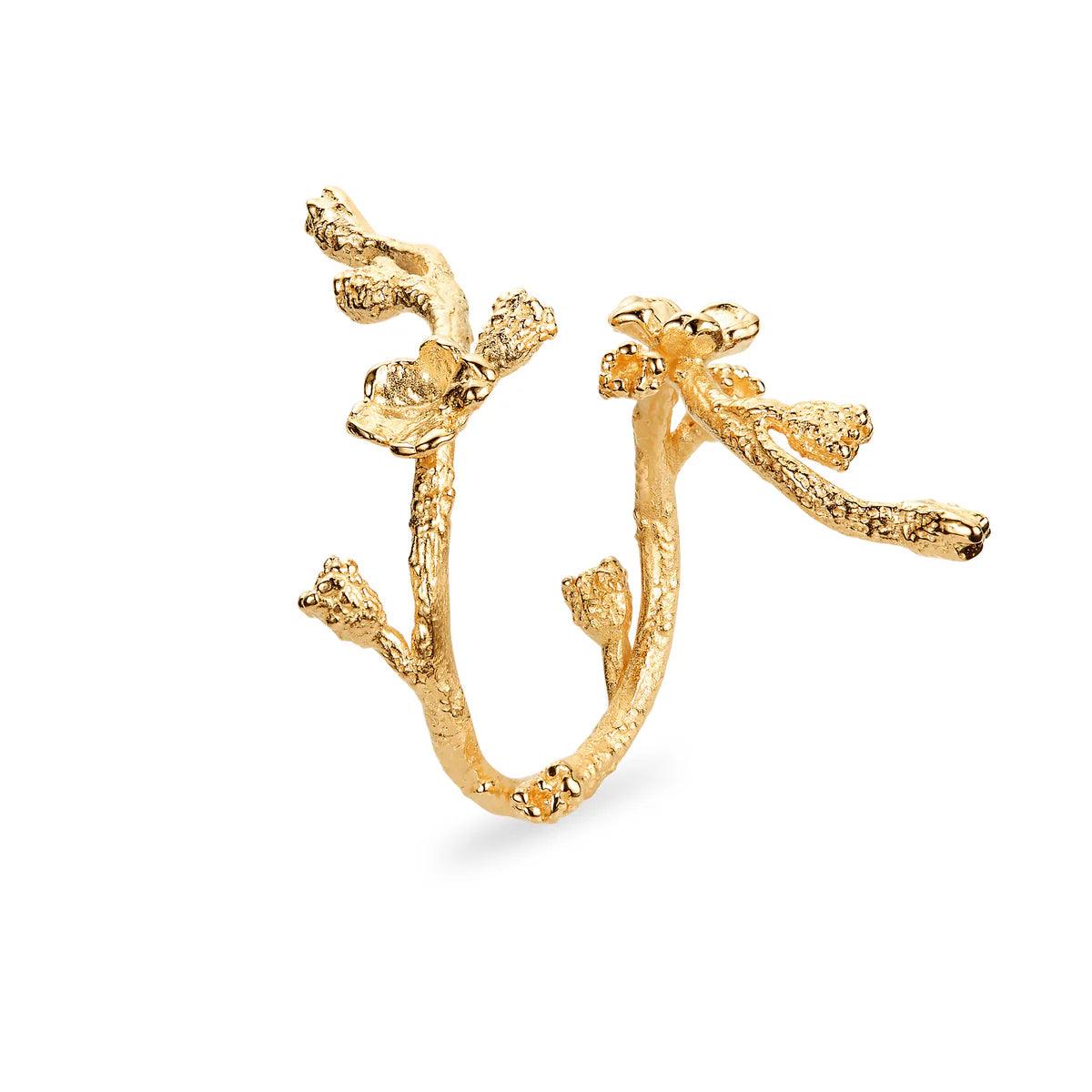Flora Danica Forget-me-not Statement Ring in gold-plated organic design, visible as an open flower branch, Model FMN-STRI-G-001-1