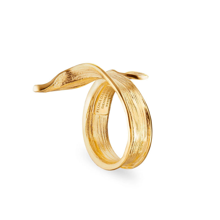 Flora Danica Grass Statement Ring Silver Gold-plated, organic leaf-shaped ring in matte gold look, Model 907-GR-STRI-G-001