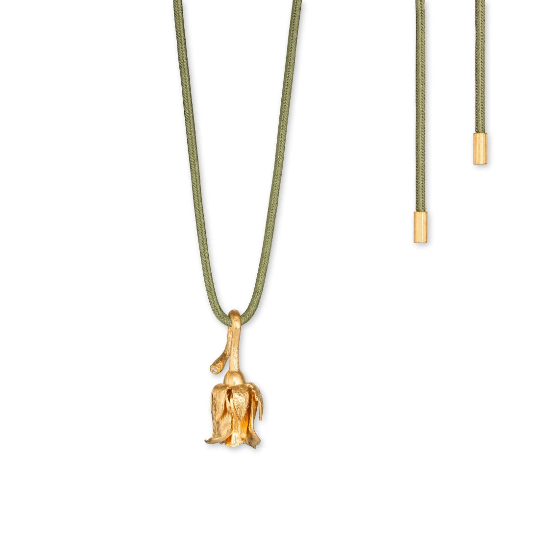 Flora Danica Rose with silk necklace, detailed gold flower on green silk cord. Model 907-ros-silkne-g-1