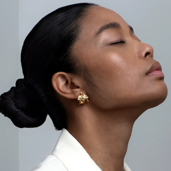 Flora Danica Rosenblad Hoops with diamonds worn on the ear, detailed gold look, Model hopc-g-2