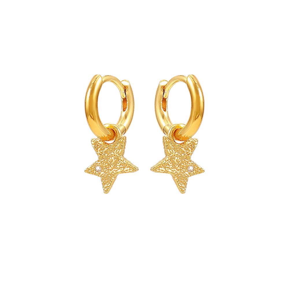 Hultquist Copenhagen Astra Hoops, gold-plated hoops with star pendants in a textured finish. Model S08538G-1.