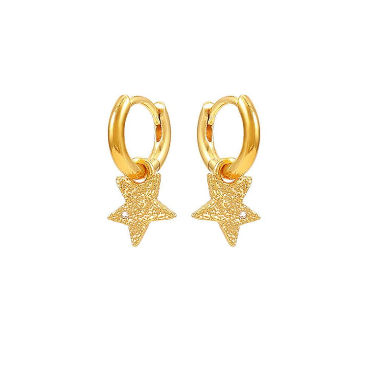 Hultquist Copenhagen Astra Hoops, gold-plated hoops with star pendants in a textured finish. Model S08538G-1.