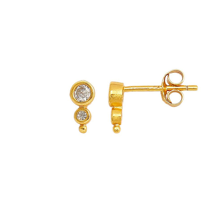 Hultquist Copenhagen Magnolia Studs show small, gold-plated studs with two clear stones. Model S08553G-2.