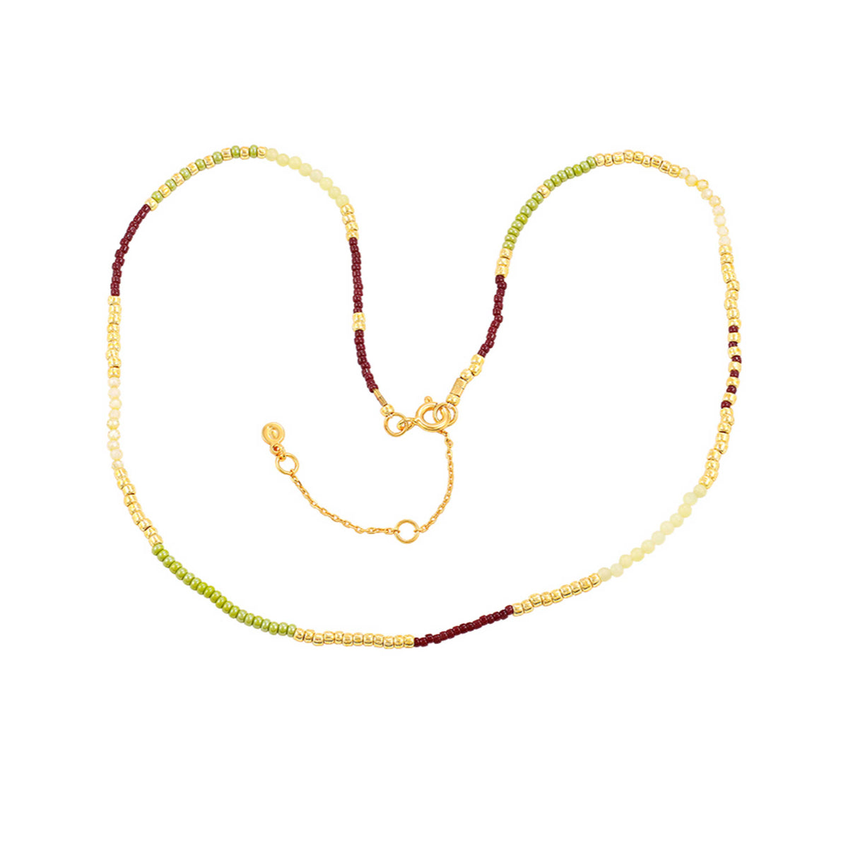 Hultquist Lucky necklace with pearls in gold, green and burgundy on a white background. Model S08637G-1.