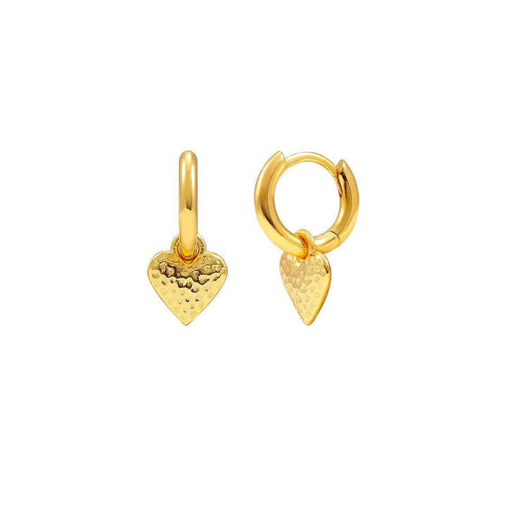 Hultquist Mini Heart Hoops gold plated shows two small, hammered gold earrings with heart pendants. Model S08507G-1.