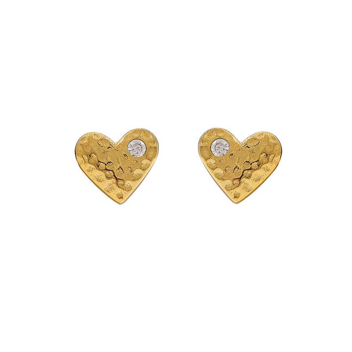 Hultquist Mini Heart ear studs gold plated with hammered surface and clear stone, shown in pairs. Model S08505G.
