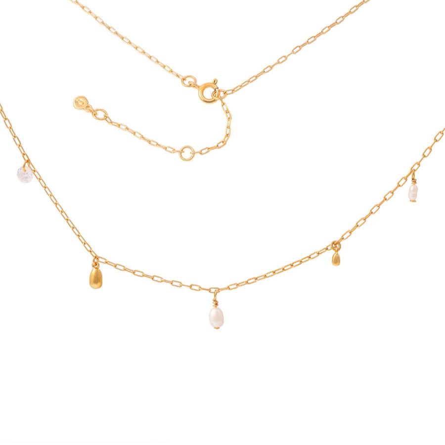 Hultquist Pebble necklace silver-gilt with fine chain links and small pearl and drop details. Model S08485G-S08485G-1