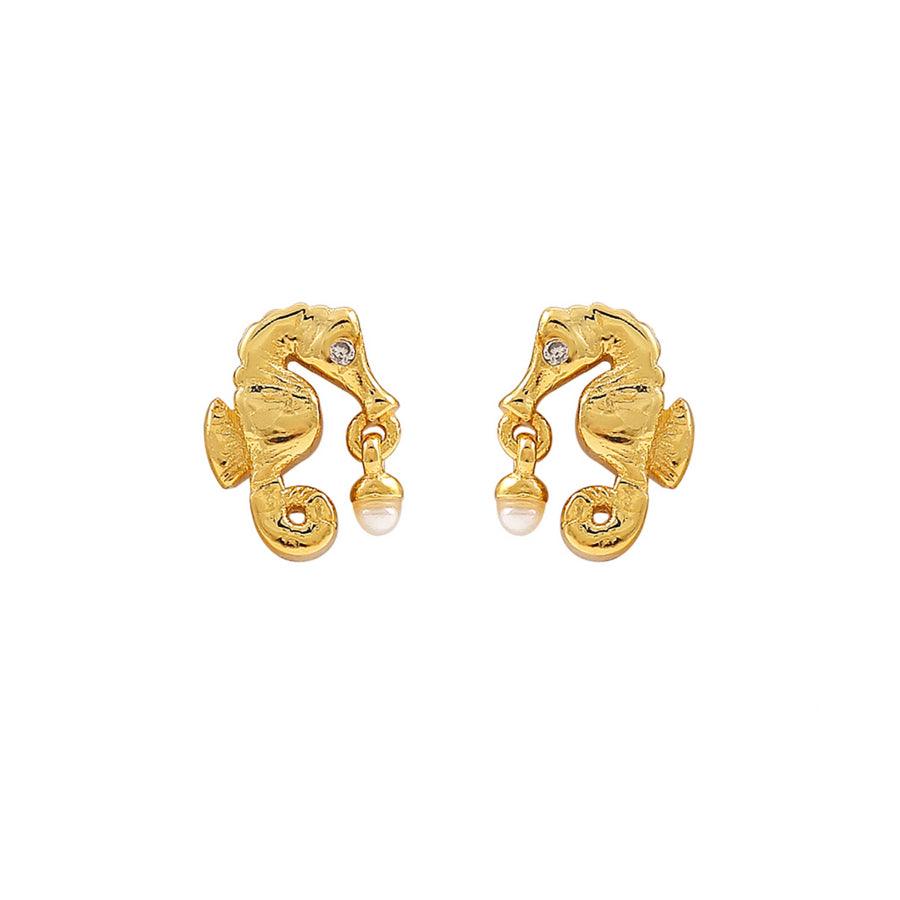 Hultquist Sandy Earrings Gold-plated shows a set of gold-colored seahorse earrings with small pearls. Model S08497G-1