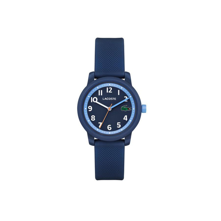 Lacoste Junior WATCH 12.12 BLA shows a blue watch with rubber strap and analog dial. Model 2030043.