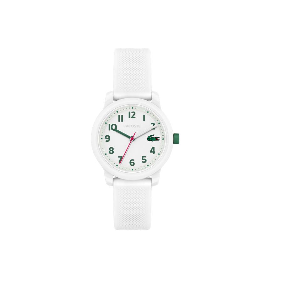 Lacoste Junior WATCH 12.12 white watch with green details, round white dial and white silicone strap, Model 203003-1.