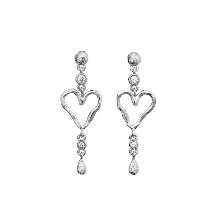 maaneste-sabi-twinkle-solve-earrings shows a pair of sterling silver heart-shaped dangle earrings with sparkling stones, Model 10167c-1