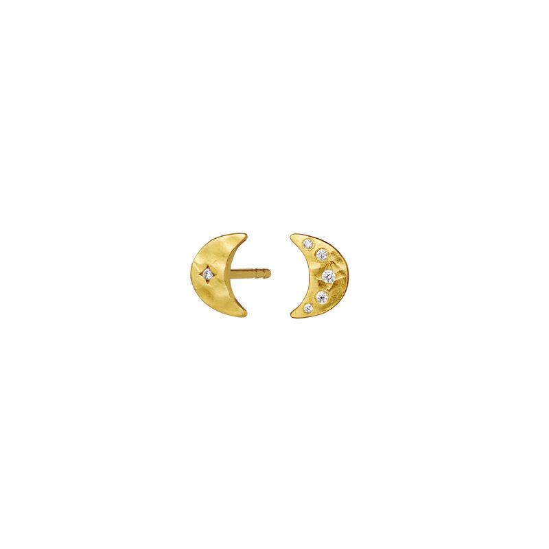 maanesten aega earrings 18kt gold-plated silver, moon-shaped earrings with small clear stones on a white background. Model 9857a-9857a-1
