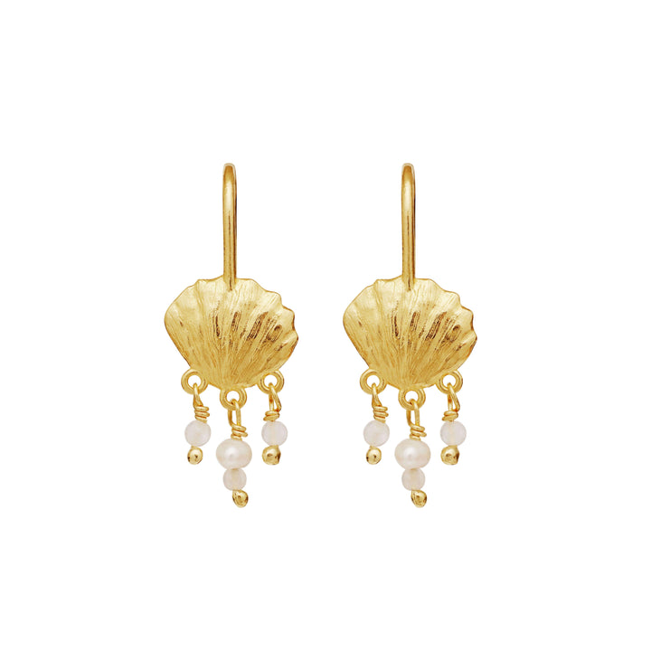 maanesten-alana-gold-plated-earrings-with-shell motif shows two earrings in gold with a shell motif and dangling pearls. Model 9987a-1