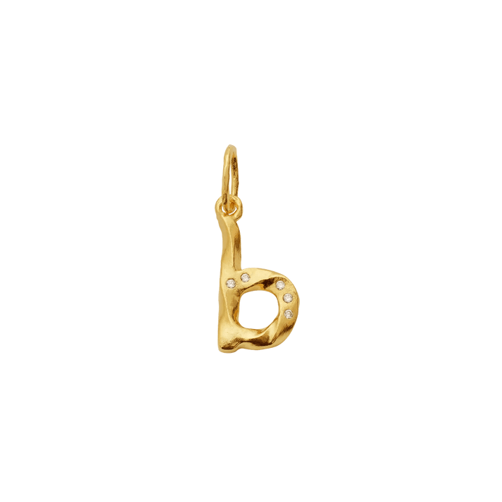 moonstone-alphabet-gold-plated-pendant-letter-pendant-a-z shows a gold-plated pendant shaped like the letter b with small clear stones, Model 2771a-002