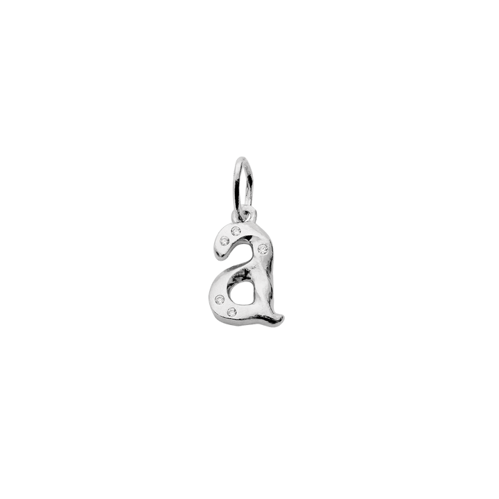 moon-alphabet-silver-pendant-letter-pendant-a-z shows a silver letter pendant shaped like a small a with small sparkling details. Model 2771c-001-1