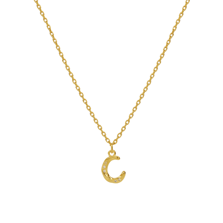 maanesten alphabet letter halskæde forgyldt bogstavs vedhæng a-z, kæde med forgyldt bogstav C og små sten, Model 2744a-003-3