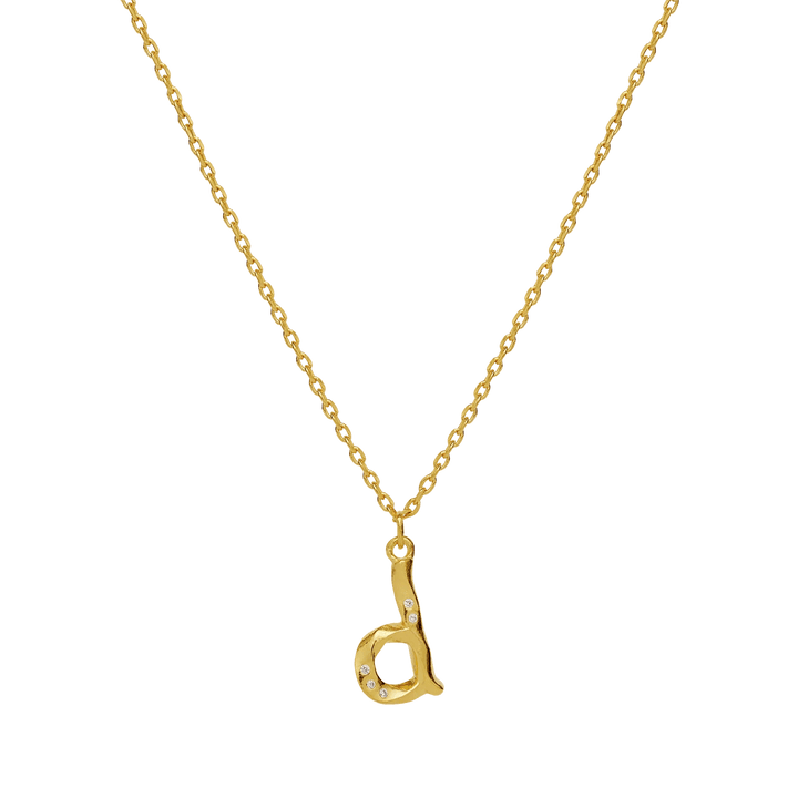 Maanesten Alphabet Letter halskæde forgyldt bogstavsvedhæng d i blank guld, tæt detalje. Model 2744a-004-4