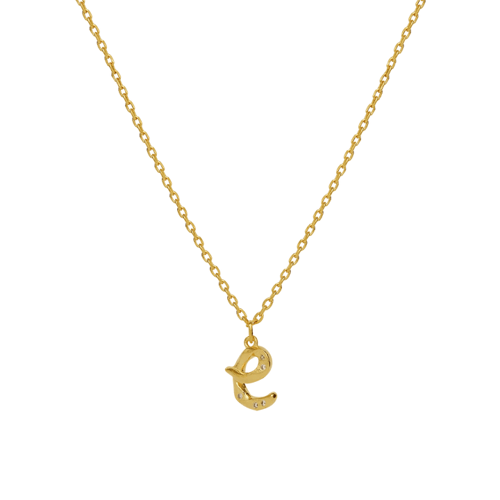 maanesten-alphabet-letter-halskaede-forgyldt-bogstavs-vedhaeng-a-z med forgyldt kæde og bogstav-vedhæng formet som 'e'. Model 2744a-005-8