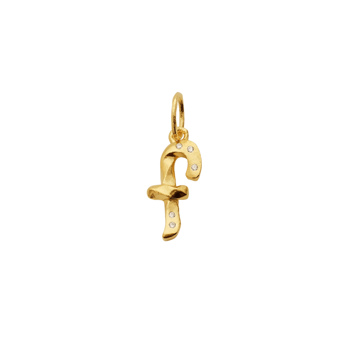 maanesten-alphabet-letter-halskaede-forgyldt-bogstavs-vedhaeng-a-z viser et forgyldt vedhæng med bogstavet f udsmykket med små sten. Model 2744a-006-5