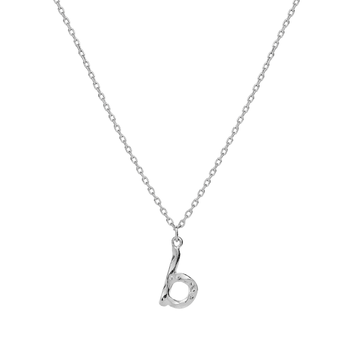 maanesten-alphabet-letter-necklace-silver-letter-pendant-a-z with polished silver pendant in the shape of a letter on a simple chain. Model 2744c-002-2