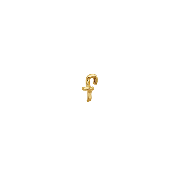 Maanesten Alphabet Single Bogstav Ørestik AW I Forgyldt viser et elegant lille ørestik med bogstavet 'f' i blankt forgyldt finish. Model 101a-alphabet-006-7.