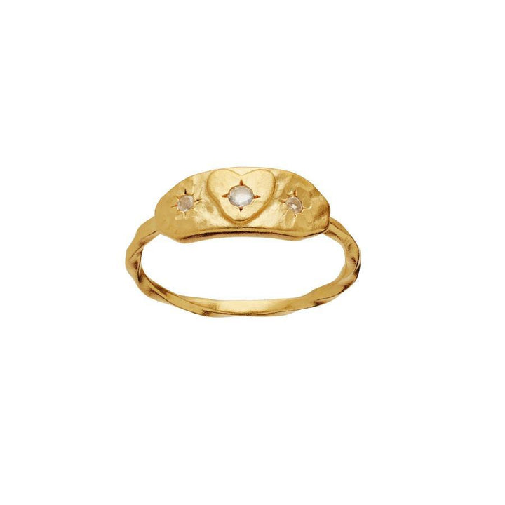 moonstone-amarite-gold-plated ring with beaten surface, heart and stone, Model 4840a-001