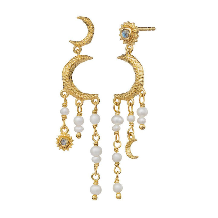 crescent moon earrings 18 kt gold-plated with crescent moons, white pearls and small blue stones. Model 9718a-9718a-2